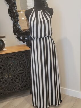 Lovely Day Black and White Striped Halter Maxi Dress